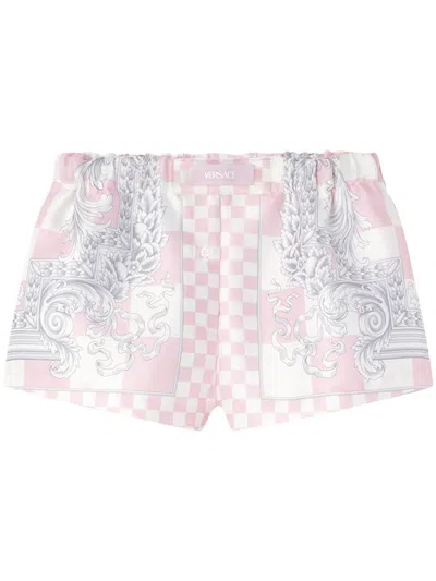 Versace Damier Print Silk Twill Baroque Shorts In Rosa