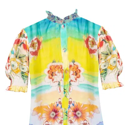 Johnny Was Women Tiedyer Leila Short Puff Sleeve Ruffle Trim Top Blouse Multicolor In Yellow