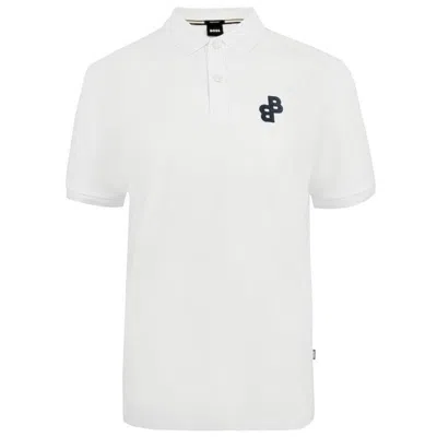 Hugo Boss Men Parlay -white Pique Cotton Bb Logo Short Sleeve Polo Shirt