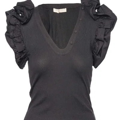 Ulla Johnson Women's Ruffled Sleeves V-neck Birdie Top, Noir, Black