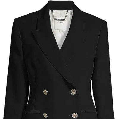 Ted Baker Women Solid Black Llayla Double Breasted Embossed Button Blazer Jacket