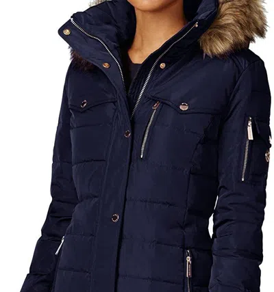 Michael Kors 3/4 Down Coat With Faux Fur Hood In Navy Blue