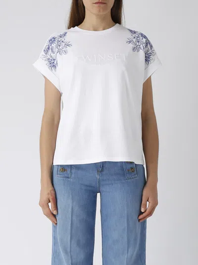 Twinset Floral-embroidered Cotton T-shirt In White