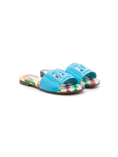 Dolce & Gabbana Kids' Light Blue Patent Leather Slide With Dg Logo