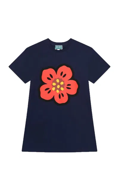 Kenzo Kids' Boke Flower 印花棉连衣裙 In Blue