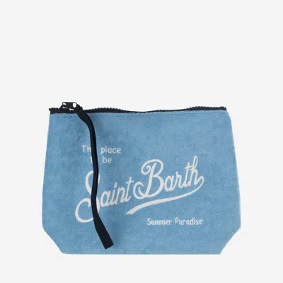 Mc2 Saint Barth Fabric Clutch Bag With Logo In Clear Blue