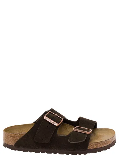 Birkenstock Brown Slip-on Sandals With Engraved Logo In Leather And Cork Man