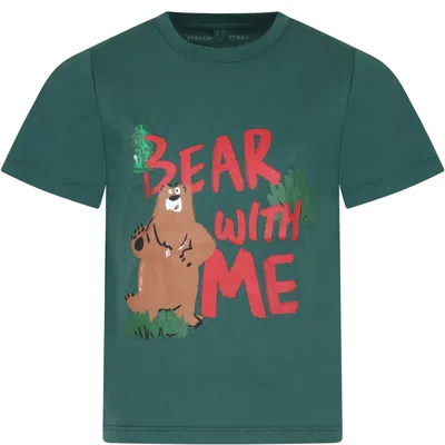 Stella Mccartney Kids' Green T-shirt For Boy With Bear Print And Writing
