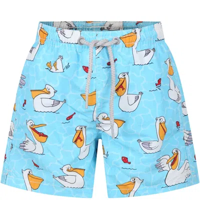 Mc2 Saint Barth Kids' Light Blue Swim Shorts For Boy With Pelican Print