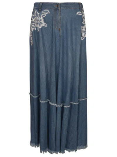 Ermanno Scervino Floral Embroidered Pleated Skirt In Denim