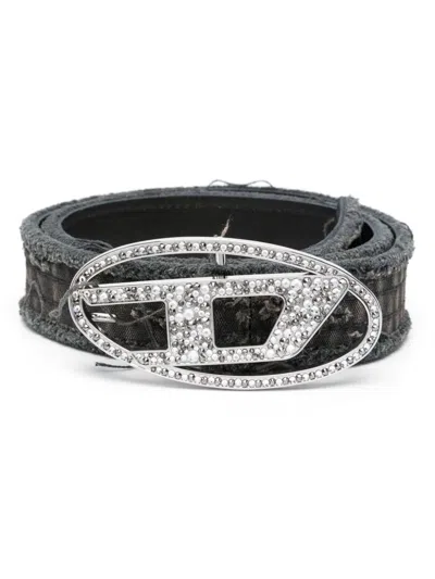 Diesel B-1dr Strass Canvas And Leather Belt With Crystals In Black