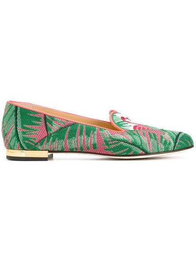 Charlotte Olympia Flamingo 皮革边饰刺绣帆布拖鞋 In Print