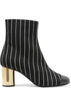 MARCO DE VINCENZO PATENT LEATHER-TRIMMED PINSTRIPED WOOL ANKLE BOOTS