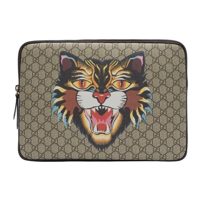 Gucci Angry Cat Print Gg Supreme Laptop Case In Beige