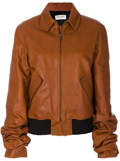 Saint Laurent Extra Long-sleeves Leather Bomber Jacket In Cognac