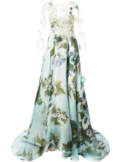 Marchesa Lace Panel Flared Gown