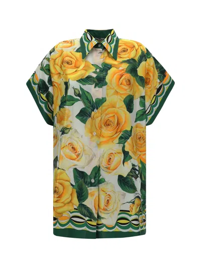Dolce & Gabbana Rose-print Silk Twill Shirt In Yellow