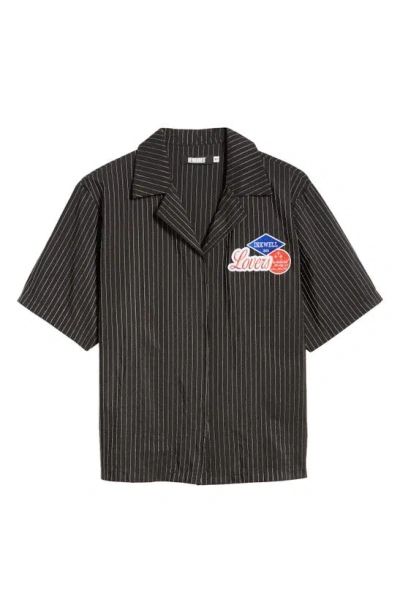 Renowned Lovers Patch Pinstripe Notched Collar Camp Shirt In Black