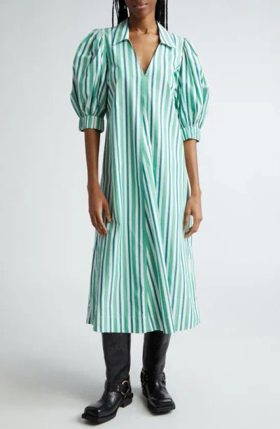 Ganni Stripe Organic Cotton Midi Shirtdress In Creme De Menthe