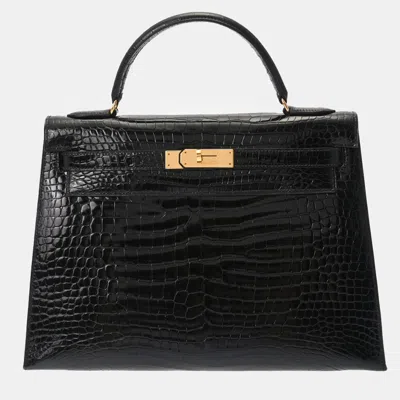 Pre-owned Hermes Black Shiny Porosus Crocodile Kelly Sellier Bag