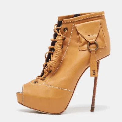 Pre-owned Giuseppe Zanotti Light Brown Leather Peep Toe Lace Up Ankle Boots Size 36