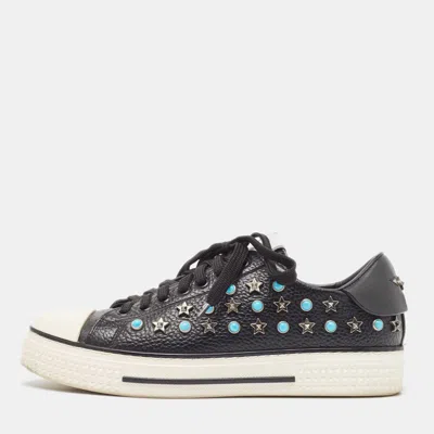 Pre-owned Valentino Garavani Black Leather Star Studded Low Top Trainers Size 38