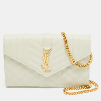 Pre-owned Saint Laurent Off White Mixed Quilted Leather Monogram Envelope Wallet On Chain