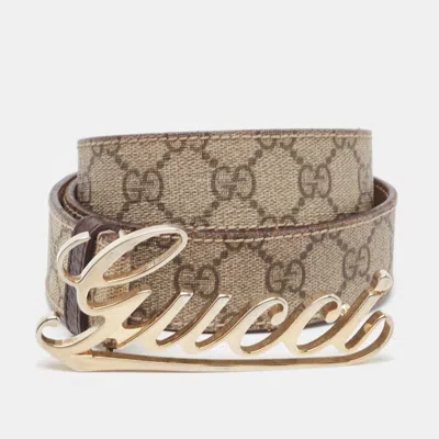 Pre-owned Gucci Beige Gg Supreme Canvas And Leather Logo Belt 90cm