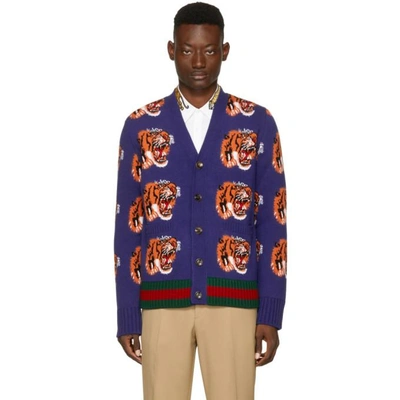 Gucci Navy Jacquard Tiger Cardigan In Blue