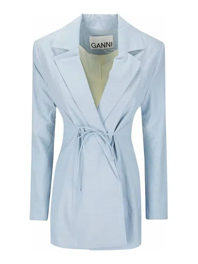 Ganni Drapey Melange Tiestring Blazer In Blue