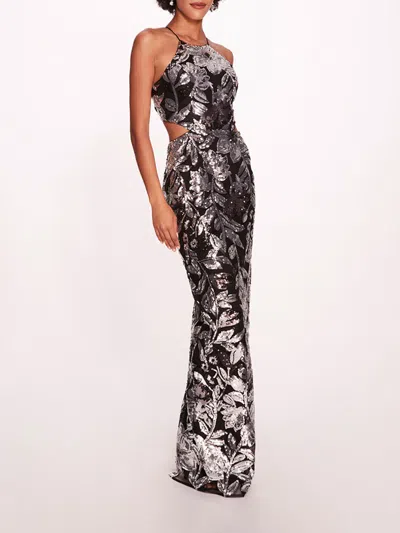 Marchesa Botanical Sequin Gown In Black/silver