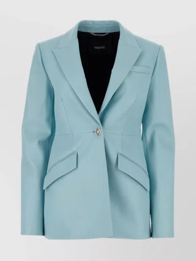 Versace Single-breasted Leather Blazer In Blue