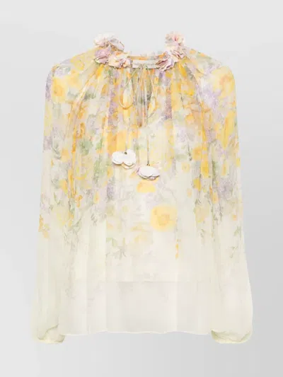 Zimmermann Sheer Floral Blouse Ruffle Accents
