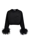Prada Crew-neck Sweatshirt With Feather Trim In Black
