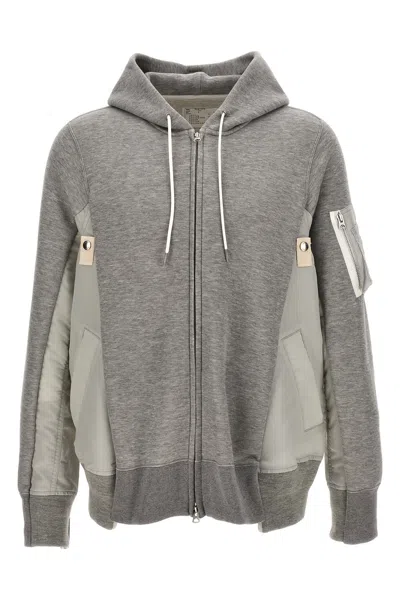 Sacai Two-material Hoodie In Grey