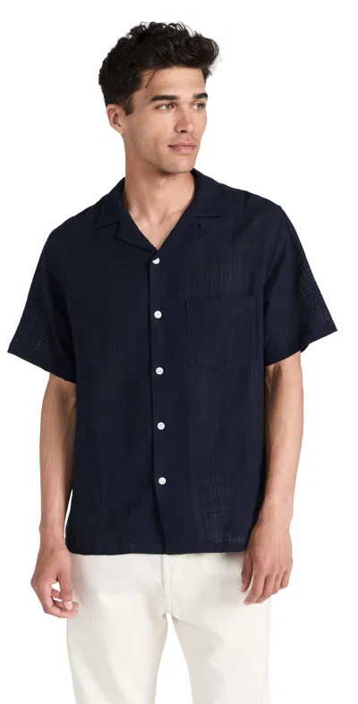 Portuguese Flannel Grain Cotton Short Sleeve Shirt In Navy