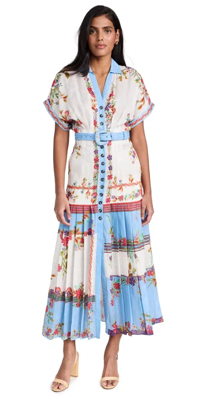 Saloni Riya-b Belted Floral Linen Maxi Shirt Dress In Zinnia Grove