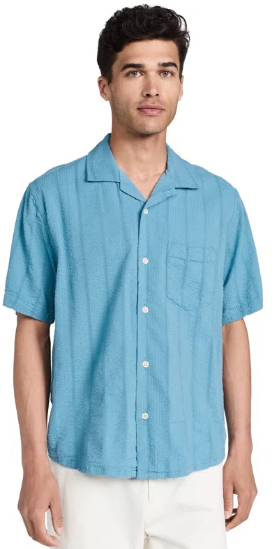Corridor Camp-collar Broderie Anglaise Cotton Shirt In Blue
