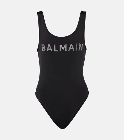 Balmain Logo Embellished Swimsuit In Black