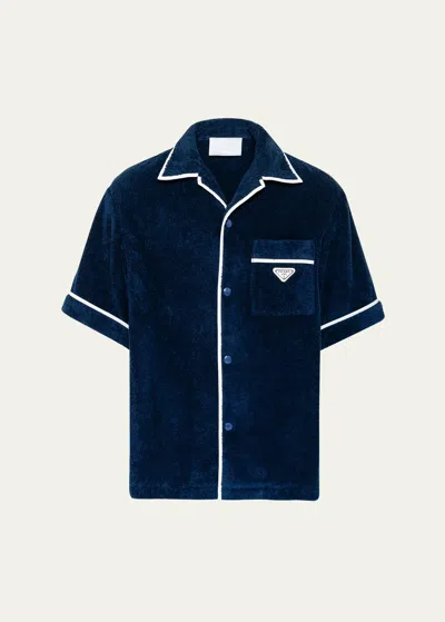 Prada Men's Terry Cloth Camp Shirt In Bleu