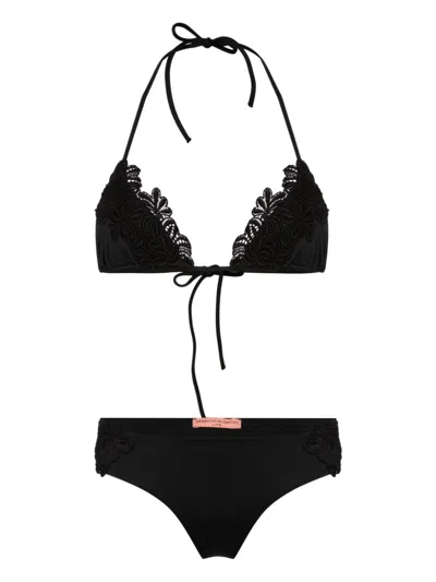 Ermanno Scervino Floral-crochet Triangle Bikini In Black