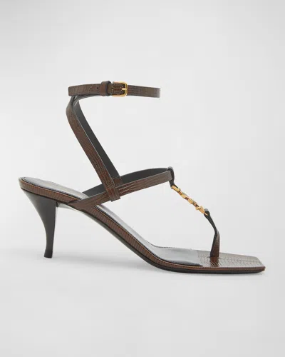 Saint Laurent Cassandra Leather Ysl Ankle-strap Sandals In Macadamia Brown