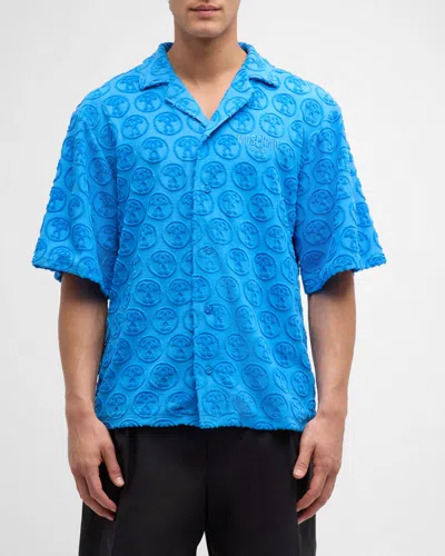 Moschino Men's Monogram Toweling Camp Shirt In Blue