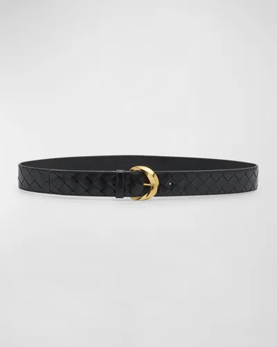 Bottega Veneta Bevel Buckled Woven Leather Belt In Black M Brass