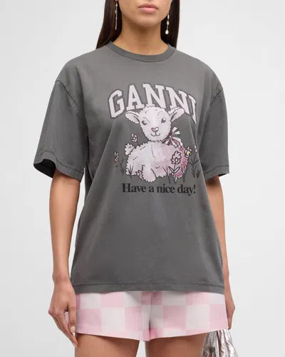 Ganni Short-sleeve Relaxed Lamb T-shirt In Volcanic Ash