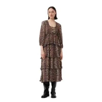 Ganni Leopard-print Tiered Chiffon Midi Dress In Brown