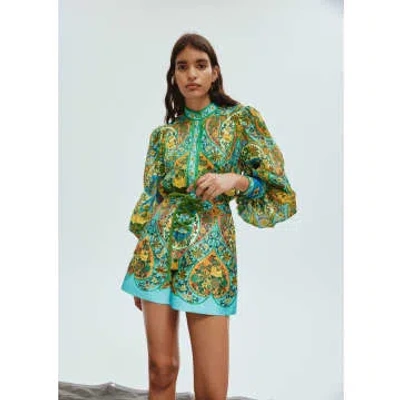 Alemais Sofie Balloon-sleeve Floral Button-front Blouse In Green
