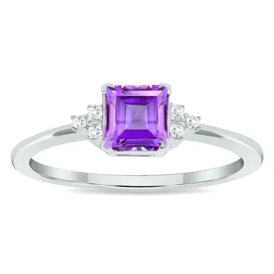 Sselects Women's Princess Cut Amethyst And Diamond Half Moon Ring In 10k White Gold