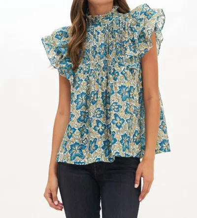Oliphant Pintuck Ruffle Top In Blue/gold Ivy
