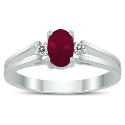 Sselects 6x4mm Ruby And Diamond Open Three Stone Ring In 10k White Gold